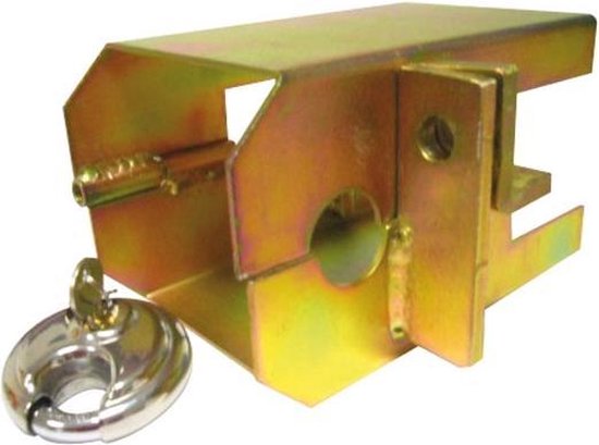 Gouden metaal caravan disselslot met een rond hangslot.