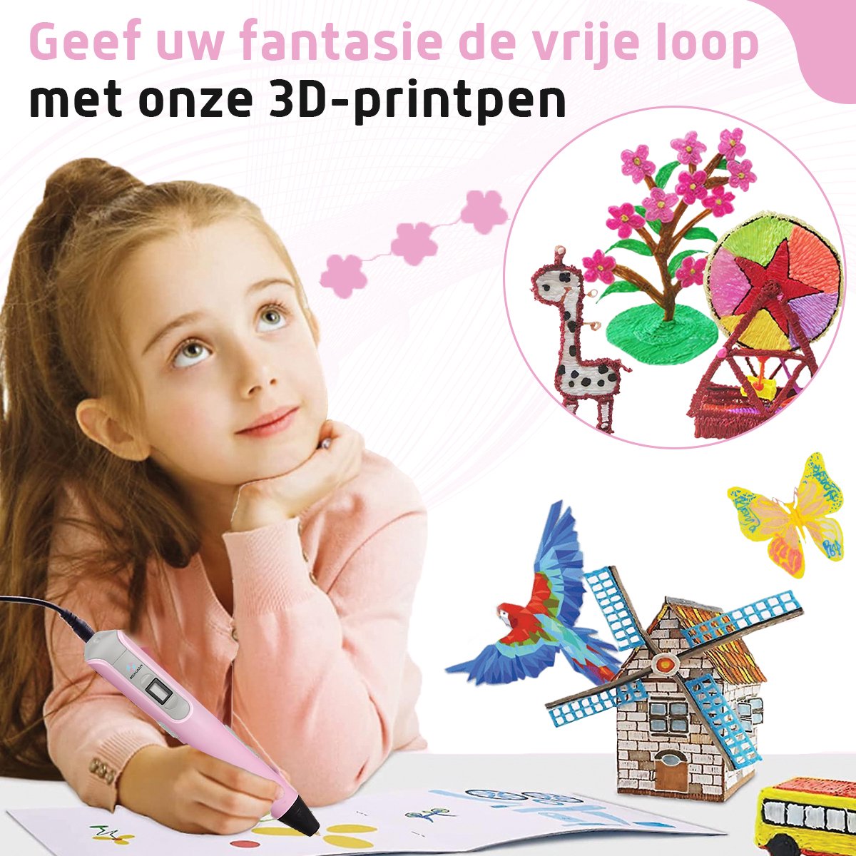 Fleau Kids 3D Pen Starterspakket Roze L - 36m Filament - 12 Kleuren Vullingen - PRO 2025 USB-C model + Vele Extra's - Knutselen en Tekenen - 3D Printen - Tekenset — afbeelding 3