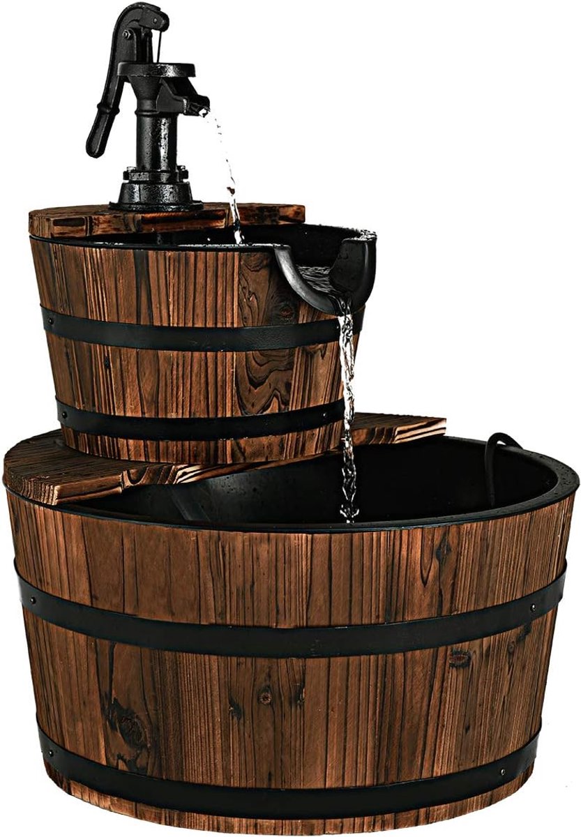 COSTWAY Fontein hout, tuinfontein met pomp, houten fontein, houten vat, sierfontein, voor tuin, gazon, terras, achtertuin, fontein, tuindecoratie, bruin, Ø 44,5 x 61 cm