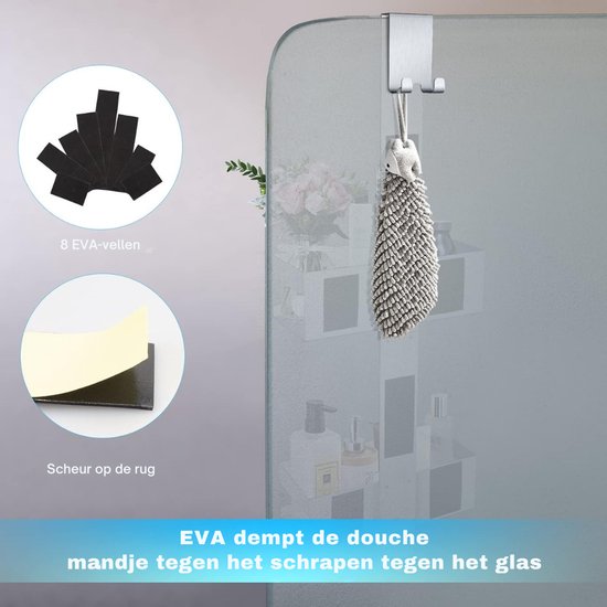 Zilverkleurig, dubbel doucherek van roestvrij staal, met haakjes, hangend aan de douchedeur.