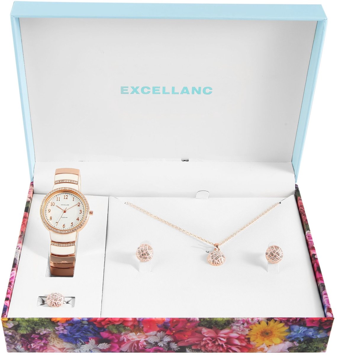 Excellanc dameshorloge geschenkset goudkleurig-wit cadeauset horloge, ketting, ring en oorbellen