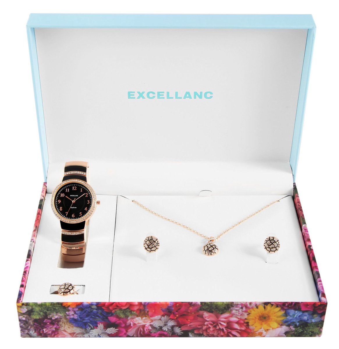 Excellanc dameshorloge geschenkset goudkleurig-zwart cadeauset horloge, ketting, ring en oorbellen
