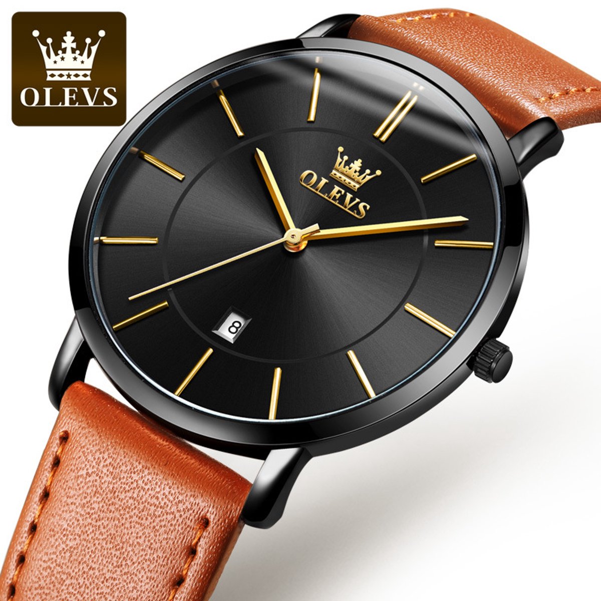 HO-5869.co-zwᵜzw-g : Olevs lichtgewicht, cognackl, extreem dun, zwart wijzerplaat, tijdloos klassiek minimalistisch quartzhorloge, dagnummer