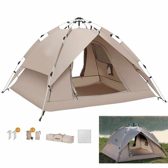 Meedeer XXL Koepeltenten-Kampeertent-Dubbellaagse Zilverlijm-Automatische koepeltent voor 2-4 personen-220*200*145CM-waterdicht en winddicht-Pop-up tent-campingtent met deur en raam,met mat-voor buiten, familie, kamperen, wandelen, jagen
