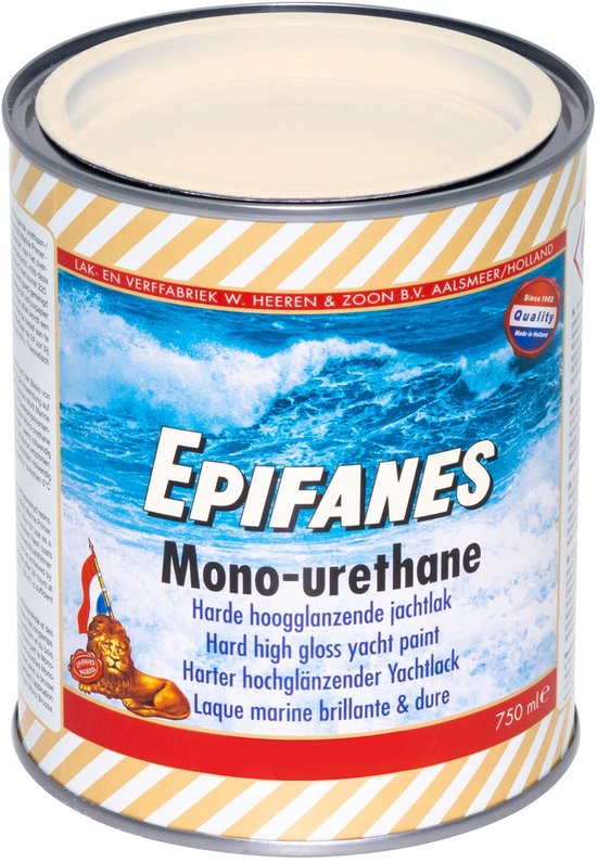 Blik Epifanes Mono-urethane harde hoogglanzende jachtlak, 750 ml. Met golven op de achtergrond.