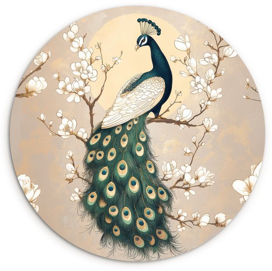 WallCircle® Cercle mural 60x60 cm - Cercle mural Paon - Branche - Fleurs - Décoration murale salon - Décoration murale chambre - Accessoires de décoration de chambre - Tableaux ronds