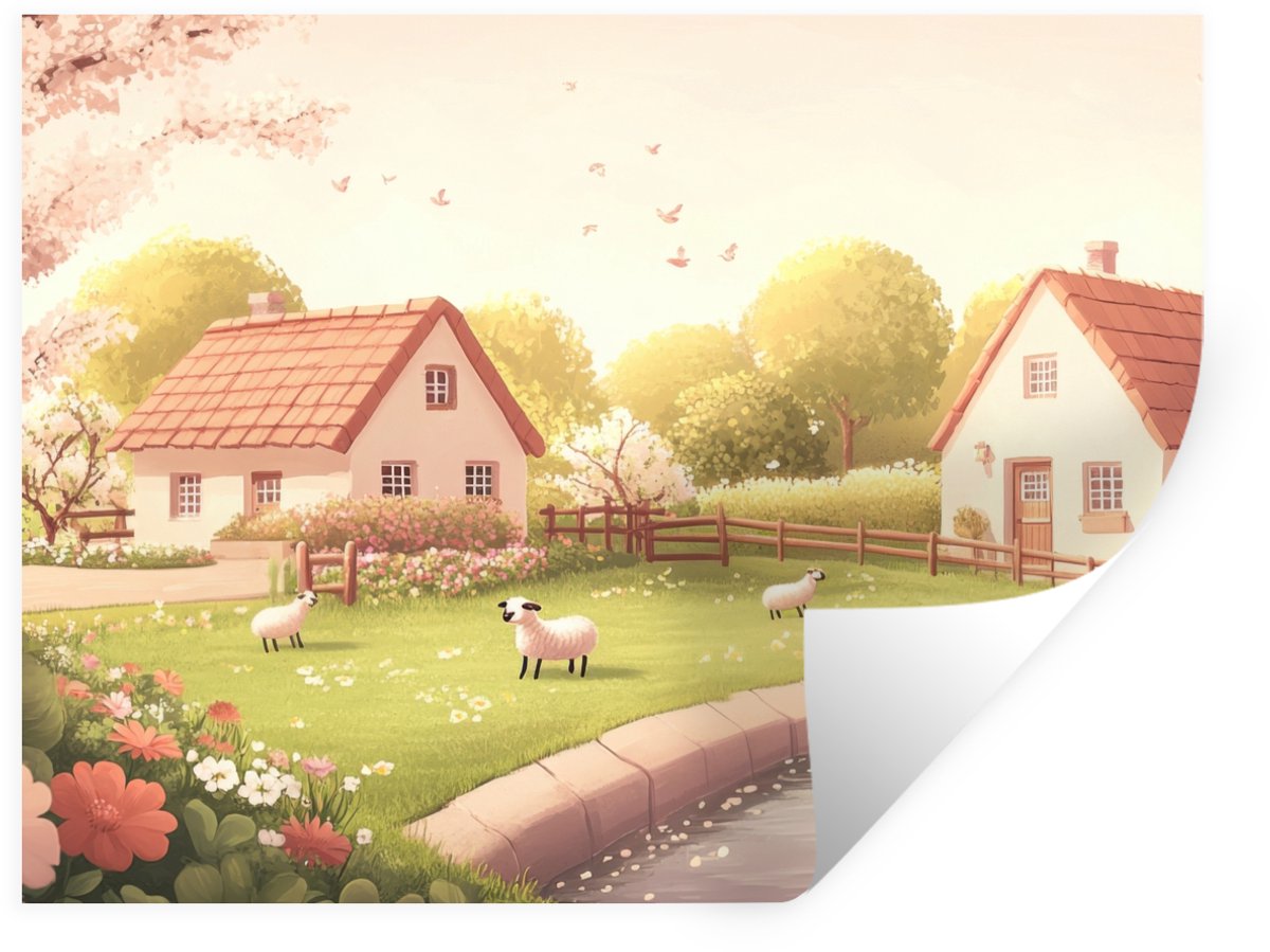 Muurstickers - Sticker Folie - Schapen - Huisje - Platteland - 80x60 cm - Plakfolie - Muur