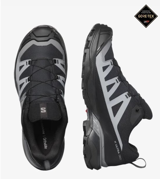Zwarte Salomon X Ultra 360 GTX wandelschoenen, van boven en van de zijkant gezien.