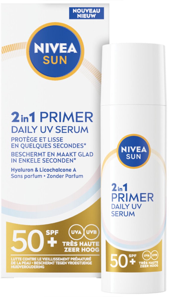 Goedkoopste NIVEA SUN UV Face 2-in-1 Primer Makeup Serum – Zonnebrand Gezicht SPF 50 - Gezichtsserum met Hyaluronzuur - Zonder Parfum – 30ml