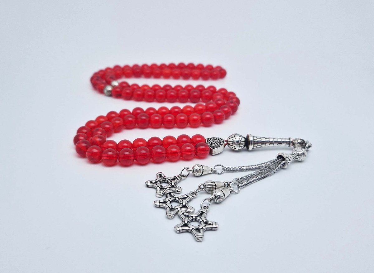 Handgemaakte tesbih "Tasbih" natuursteen "Rode kwarts" - Aantal kralen 99 - Diameter kralen 8MM - met metaal tassel "Grote sterren" - Een mooi cadeau-idee