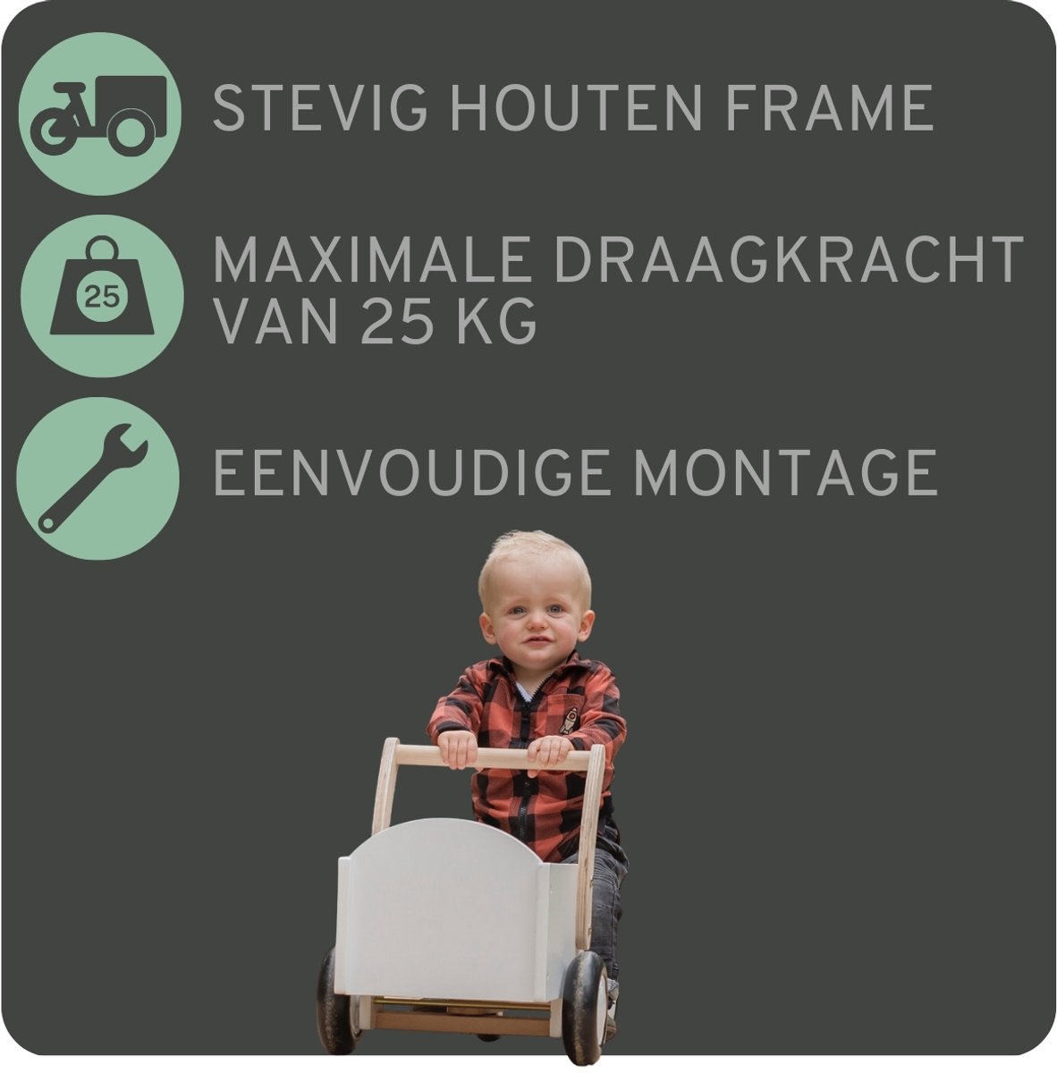 Bandits & Angels Bakfiets Loopfiets Hout Little Rider White vanaf 1 jaar - Voor Jongens en Meisjes - Ride-On Houten Bakfiets - Houten Loop Fiets Wit - Geluidsarme Wielen - Kraamcadeau — afbeelding 5