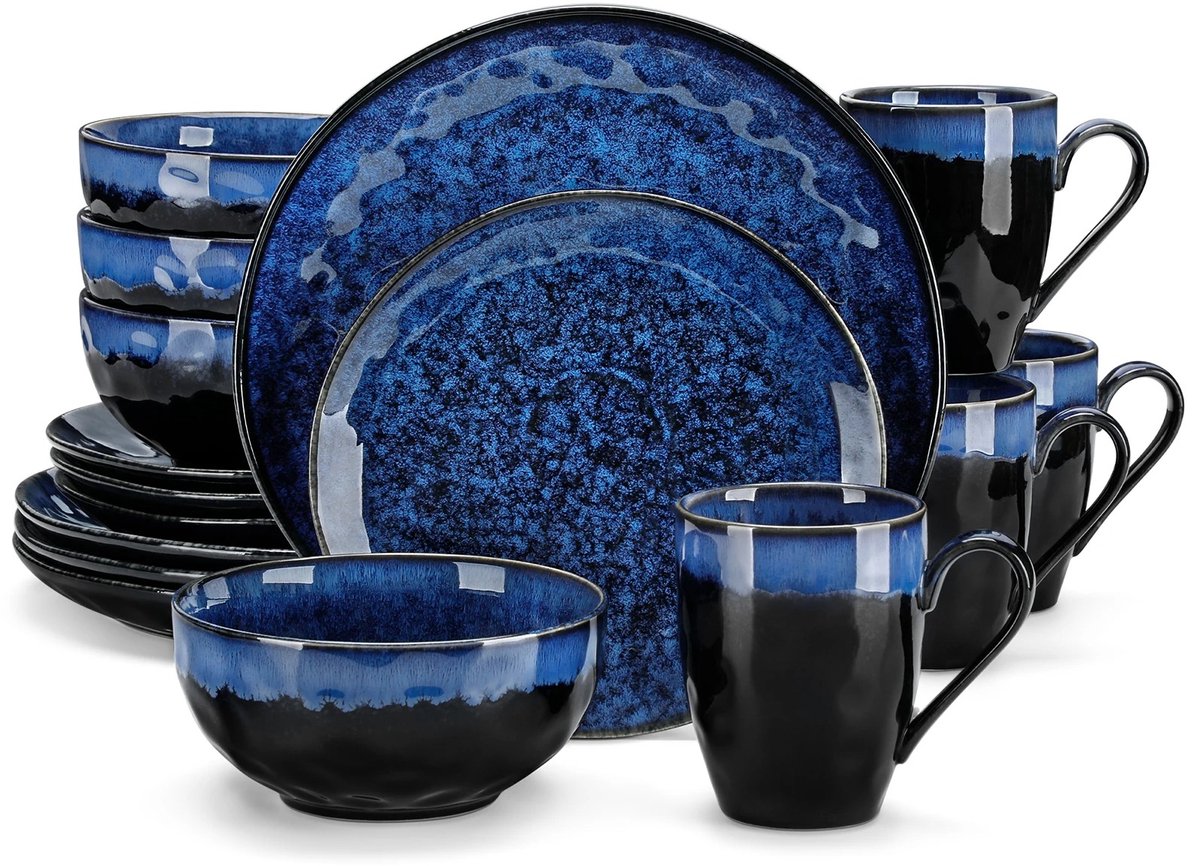 Serviesset - 4 Persoons Servies - Porselein - Diner- en Dessertborden, Kommen en Kopjes - 16-delige Set - Blauw