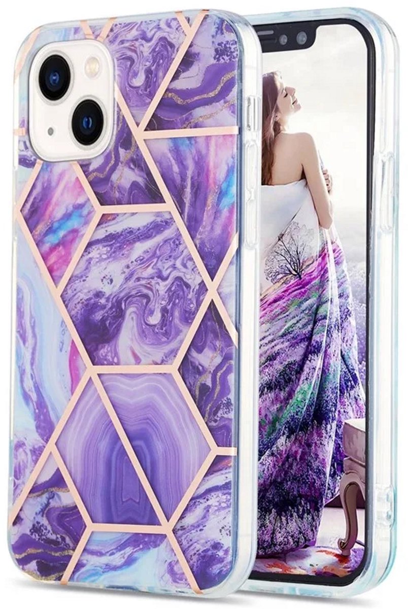 Cityhoesje - iPhone 15 - Splicing Marble Pattern Electroplated - Back Cover - Paars