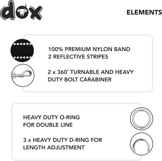 DDOXX reflecterende, nylon hondenriem - 2m, 3-wegs verstelbare