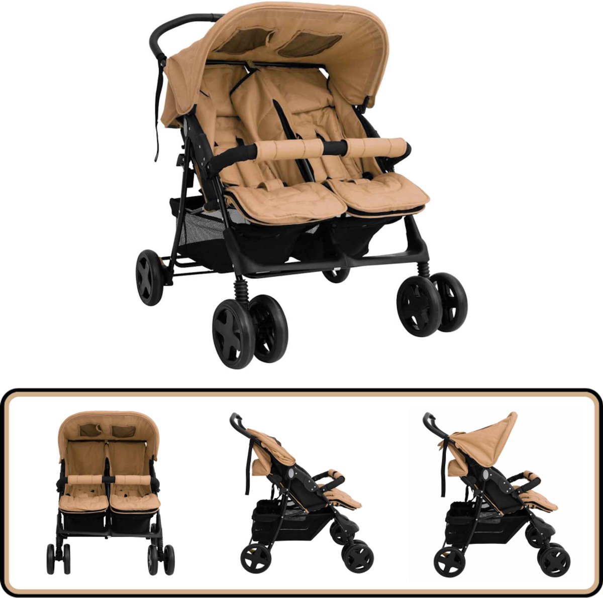 The Living Store Comfortabele Tweelingwagen - Wandelen en winkelen - 80 x 96 x 104 cm - Staal en linnen - Taupe
