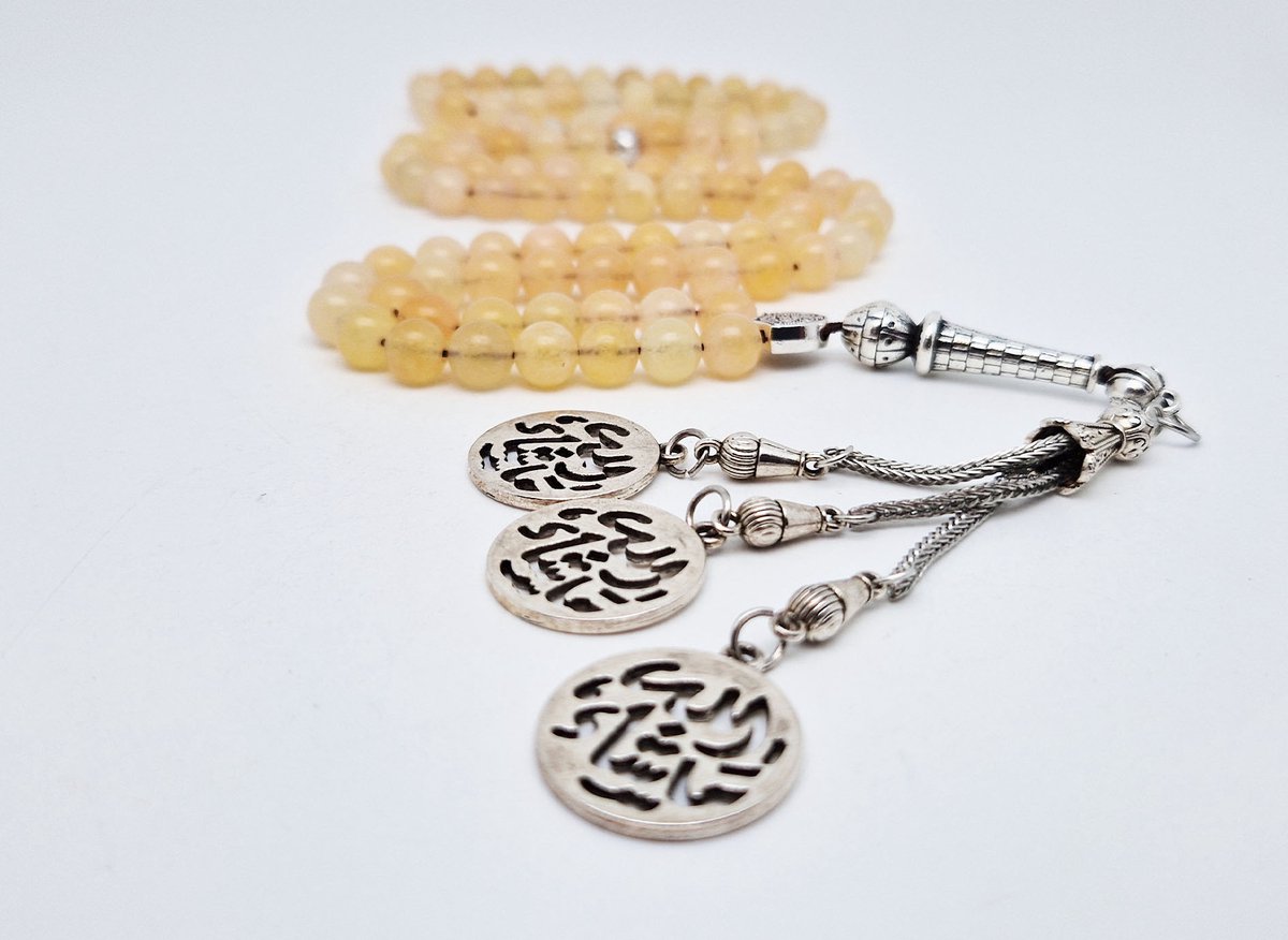 Handgemaakte tesbih "Tasbih" natuursteen " Calciet geel " - Aantal kralen 99 - Diameter kralen 8MM - met metaal tassel "Masha' Allah-1" - Een mooi cadeau-idee