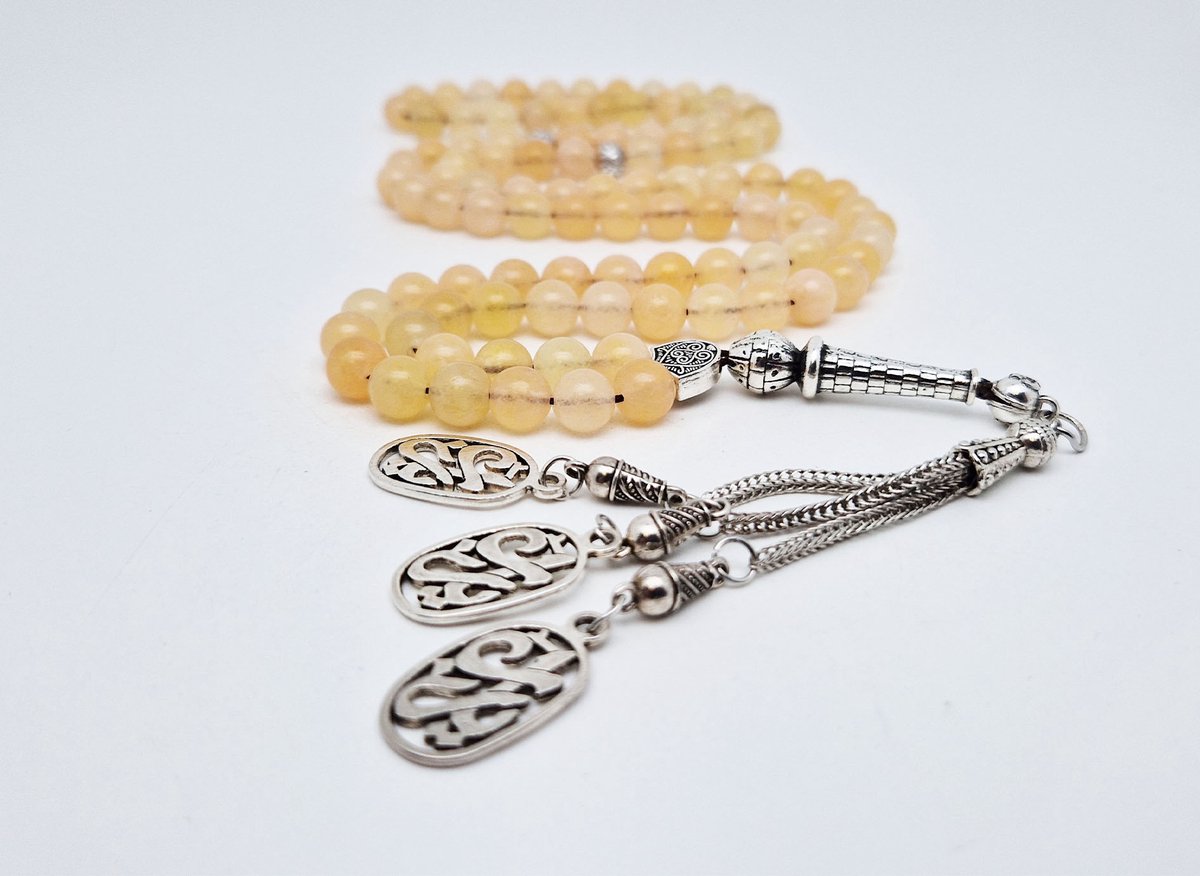 Handgemaakte tesbih "Tasbih" natuursteen " Calciet geel " - Aantal kralen 99 - Diameter kralen 8MM - met metaal tassel "Yarab" - Een mooi cadeau-idee