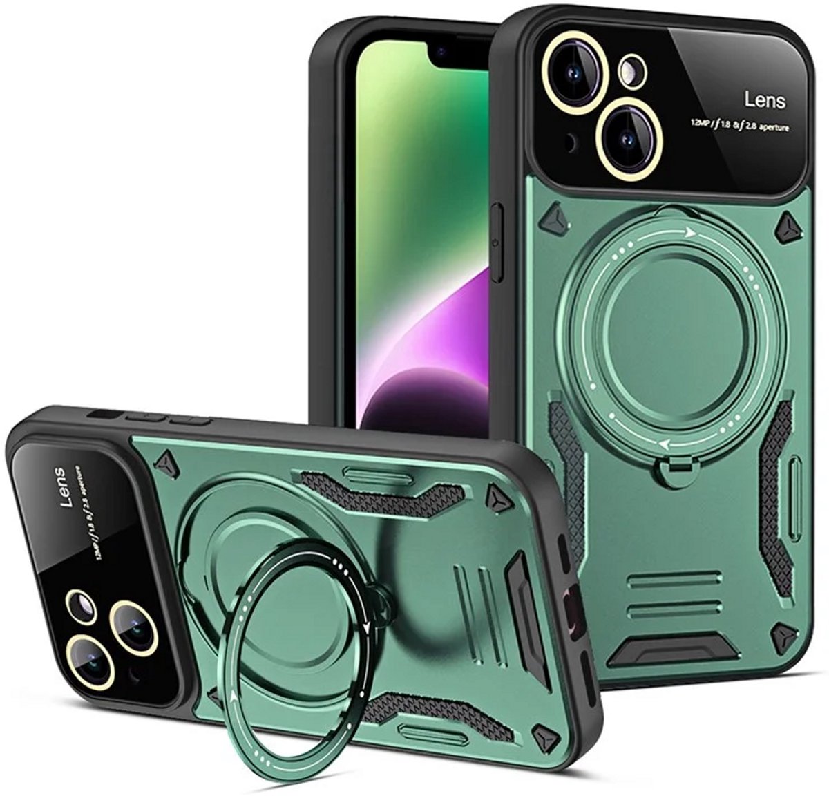 Cityhoesje - iPhone 15 Plus - Magnetic - Ring Holder Kickstand - Protective – Backcase - Groen