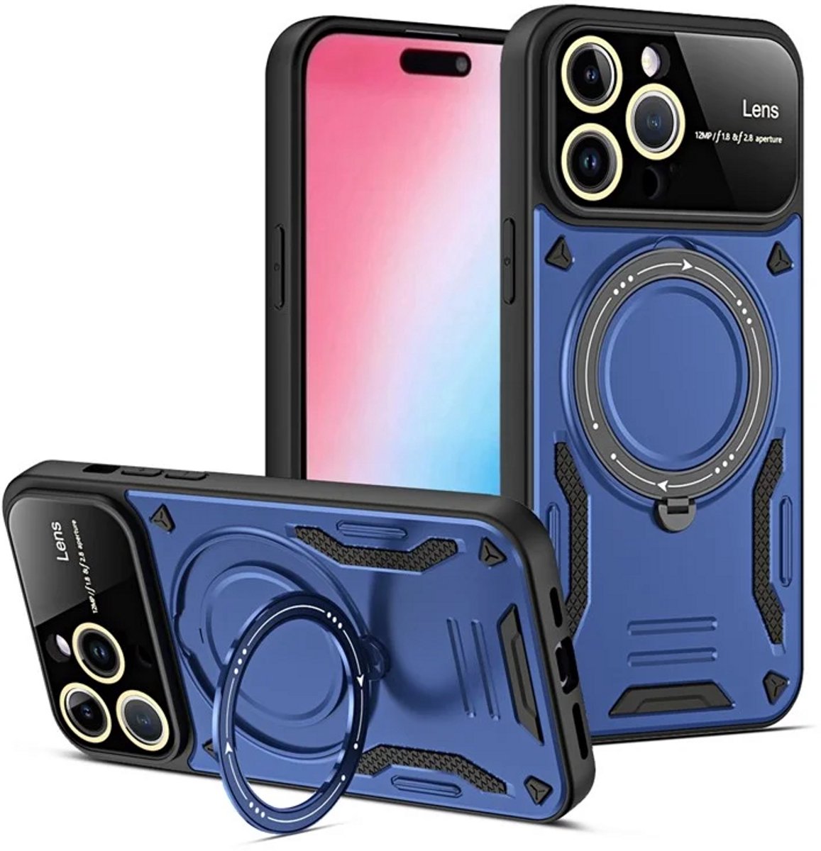 Cityhoesje - iPhone 15 Pro Max - Magnetic - Ring Holder Kickstand - Protective – Backcase - Blauw