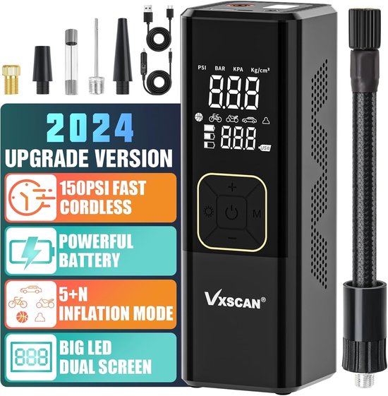 Vinabo Draagbare auto-luchtcompressor, 150 psi, mini-compressor met digitaal lcd-display en led-zaklamp, 12 V bandenpomp, vooraf ingestelde druk, automatische stop, zwart