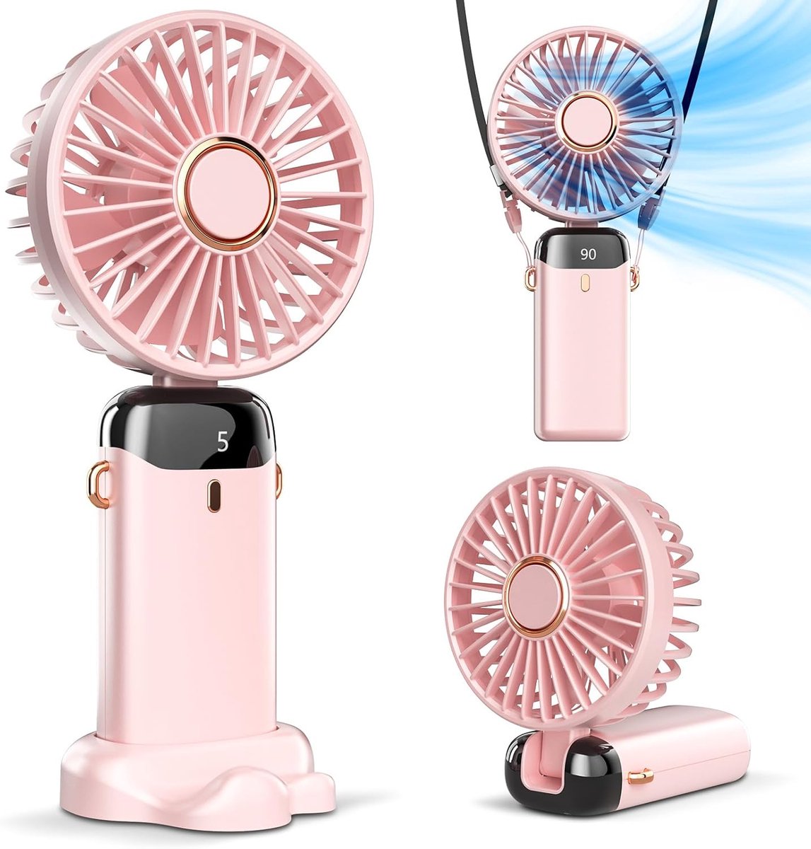 Draagbare Handventilator met LED-Display – USB Oplaadbare Ventilator met 5 Snelheden en 90° Verstelbaar
