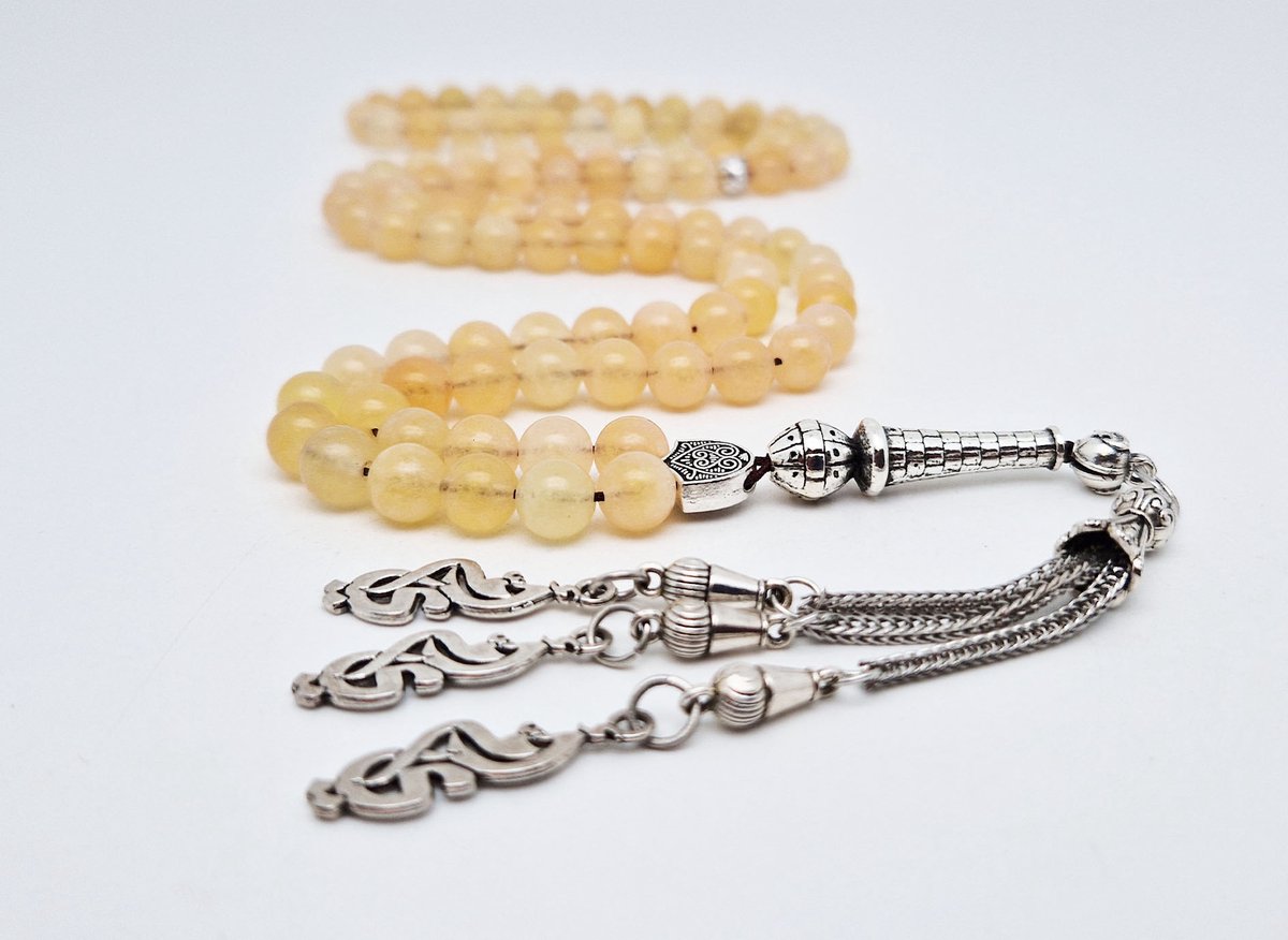 Handgemaakte tesbih "Tasbih" natuursteen " Calciet geel " - Aantal kralen 99 - Diameter kralen 8MM - met metaal tassel "Moeder" - Een mooi cadeau-idee