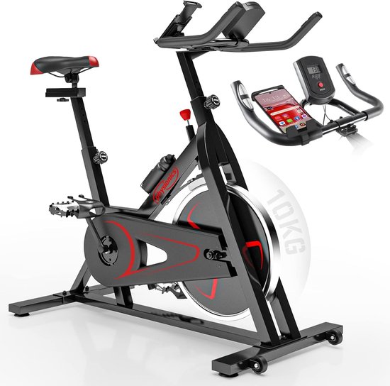 BAKAJI Hometrainer, spinning bike met lcd-display en bluetooth met app-fitnessverbinding, fiets, training, fitnessstudio met gevoerde zitting, verstelbaar, ideaal voor cardio, benen, buik, heupen