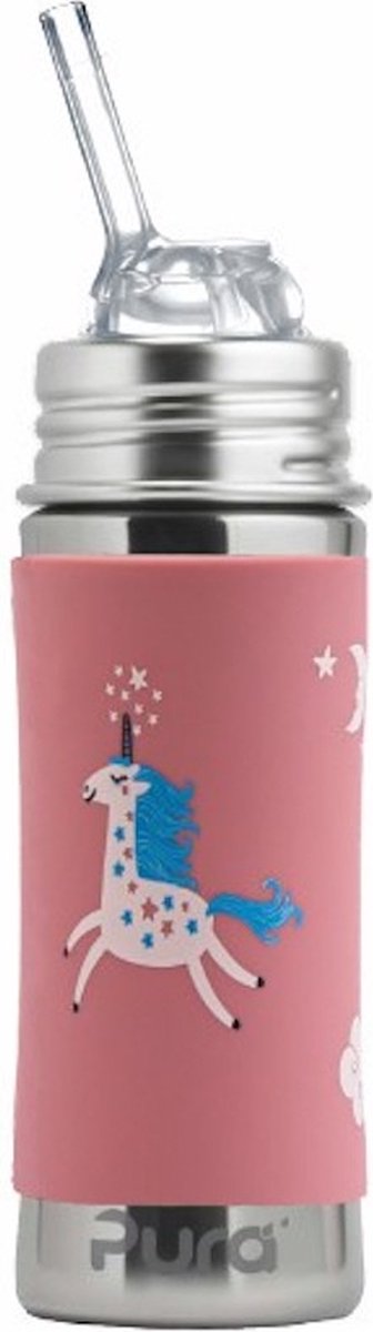 Pura Rietjesfles Free Flow 325 ml - Drinkfles - Bidon - Plasticvrij - Vaatwasserbestendig - Op 2 Manieren te Gebruiken - Medische Kwaliteit Siliconen - Inclusief Siliconen Rietje Free Flow, Reisdop en Sleeve - Top is Verwisselbaar - Eenhoorn