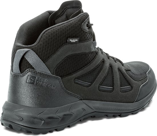 Chaussure de randonnée mi-haute noire avec lacets, languette arrière et étiquette TEXAPORE PRO.