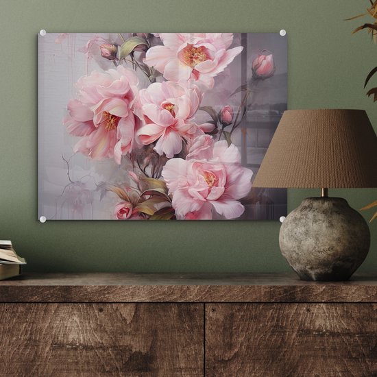 MuchoWow® Glasschilderij 40x30 cm - Schilderij acrylglas - Rozen - Bloemen - Roze - Kunst - Watercolor - Foto op glas - Muurdecoratie woonkamer - Wanddecoratie slaapkamer - Schilderijen