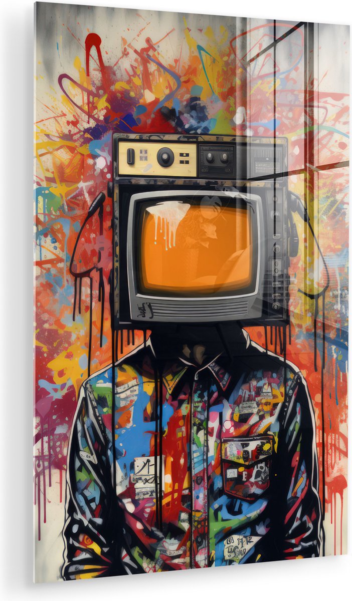 MuchoWow® Glasschilderij 40x60 cm - Schilderij acrylglas - Televisie - Graffiti - Mens - Kleuren - Foto op glas - Muurdecoratie woonkamer - Wanddecoratie slaapkamer - Schilderijen