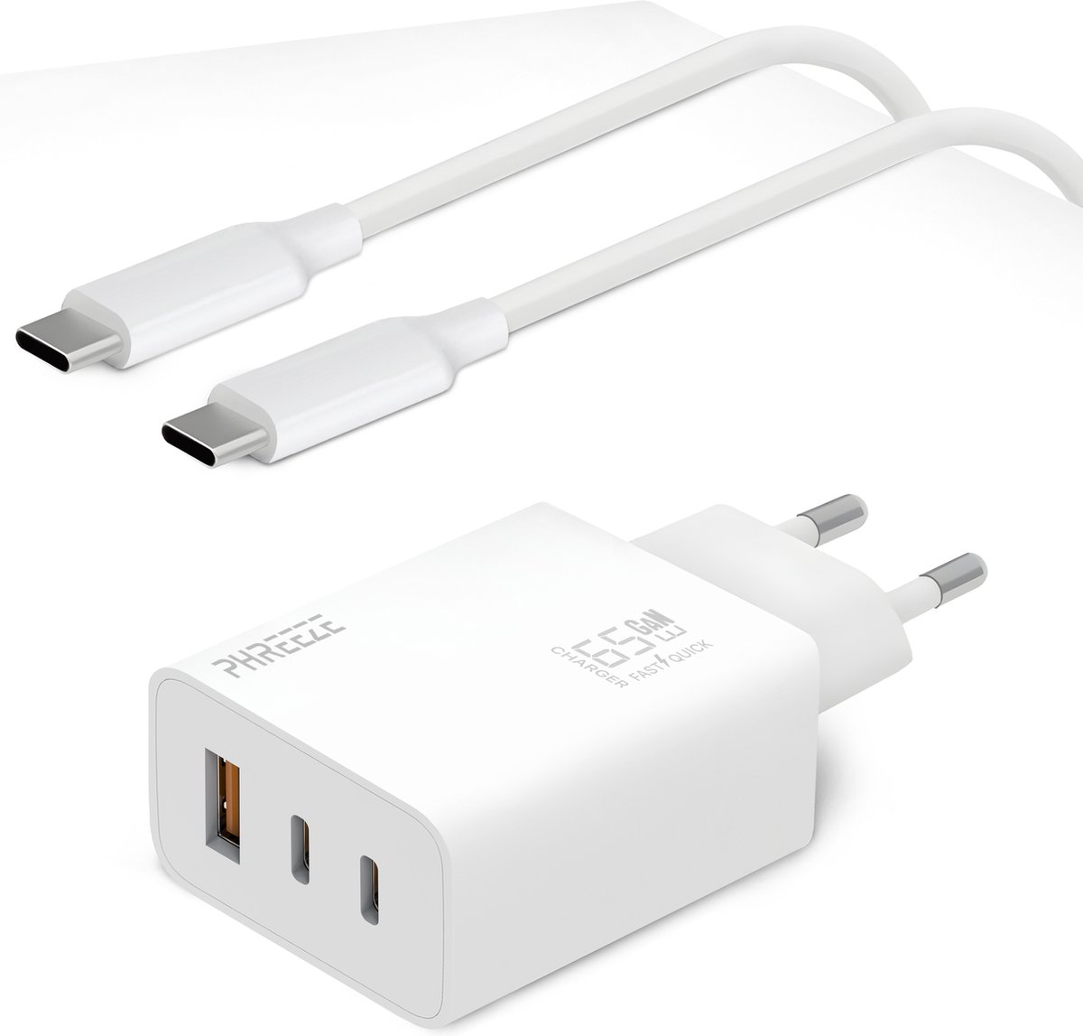 USB C Adapter 65W + USB C Naar USB C Kabel 1 Meter - 2 USB-C & 1 USB-A Snellader - Laptop Oplader Geschikt voor iPhone 15, 16 , Samsung S20, S21, S22, S23, S24, Macbook - Wit