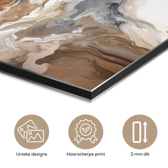 Détail d'une peinture aluminium avec les icônes 'Designs uniques', 'Impression ultra nette' et '3 mm d'épaisseur'.