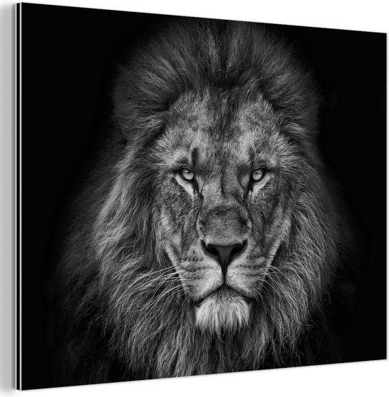 Décoration murale Métal - Peinture Aluminium Industriel - Lion - Animaux - Zwart - Wit - 160x120 cm - Dibond - Photo sur aluminium - Décoration murale industrielle - Pour le salon/chambre