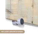 Détail d'une peinture sur verre avec mécanisme de suspension sur le côté. Texte : 'Système de suspension inclus'.