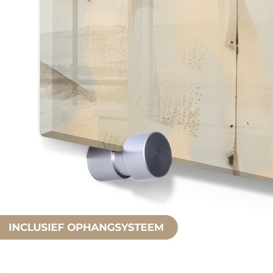 Détail d'une peinture sur verre avec mécanisme de suspension sur le côté. Texte : 'Système de suspension inclus'.