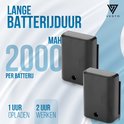 Twee zwarte batterijen met "2000 MAH PER BATTERIJ".