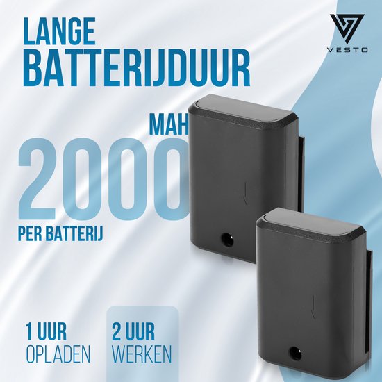 Twee zwarte batterijen met "2000 MAH PER BATTERIJ".