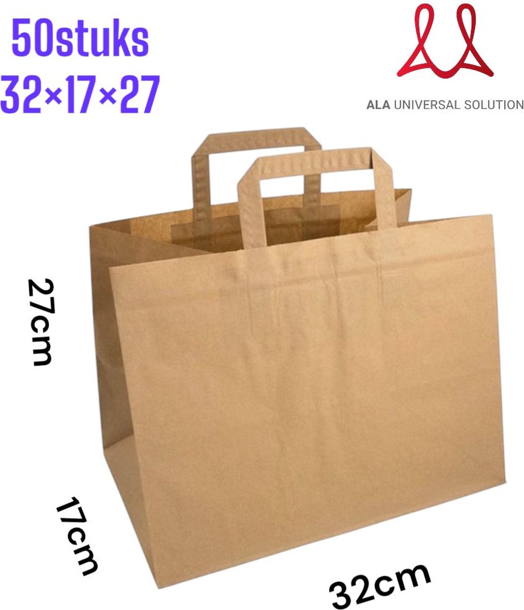 Papieren Tas - 50 stuks - Bruin - 32+17x27cm - Platte Handvat / papieren draagtassen