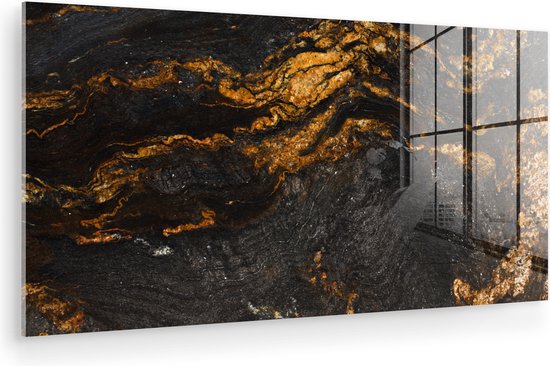 Glasschilderij Marmer - Goud - Glitter - Zwart - Luxe - Glasplaat - Foto op glas - Slaapkamer decoratie - Woondecoratie - Glazen decoratie - 160x80 cm - Schilderij glas - Glazen plaat - Glas met foto