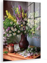 MuchoWow® Glasschilderij 120x160 cm - Schilderij acrylglas - Bloemen - Tafel - Stilleven - Boeket - Vaas - Foto op glas - Muurdecoratie woonkamer - Wanddecoratie slaapkamer - Schilderijen