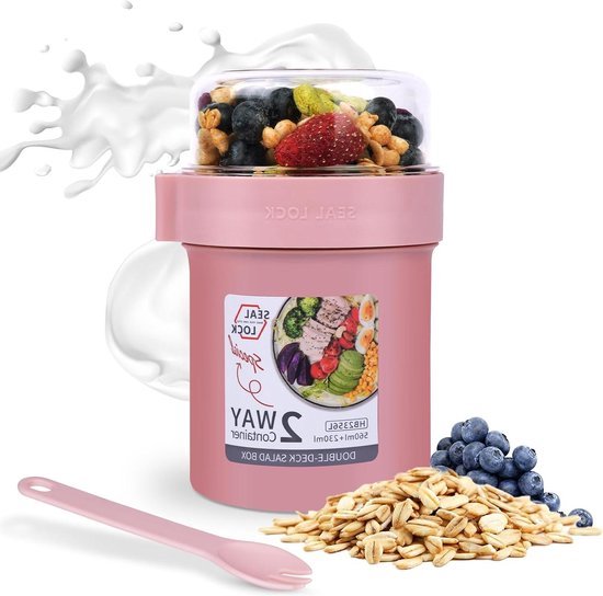 4All 2 stuks yoghurtpotten met lepel en vork herbruikbare 650 ml roadtrip container BPA-vrij onderweg vaatwasmachinebestendig Museli Cup Ontbijtpotten om te reizen Set van 4 (Grijs, Geel, Rood, Roze