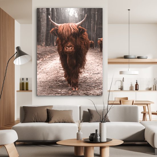 Décoration murale Métal - Peinture Aluminium Industriel - Highlander Ecossais - Forêt - Vache - Animaux - Nature - 120x160 cm - Dibond - Photo sur aluminium - Décoration murale industrielle - Pour le salon/chambre