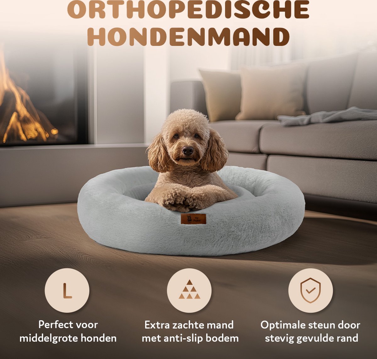 Pet Perfect Orthopedische Hondenmand – Donut Hondenmand – Hondenkussen – Hondenbed – Wasbaar - 80 cm - Grijs thumbnail 3