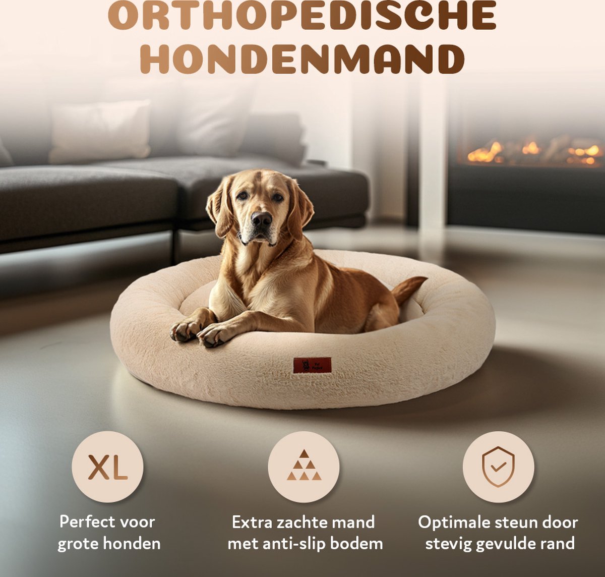 Pet Perfect Orthopedische Hondenmand – Donut Hondenmand – Hondenkussen – Hondenbed – Wasbaar - 100 cm - Beige thumbnail 2