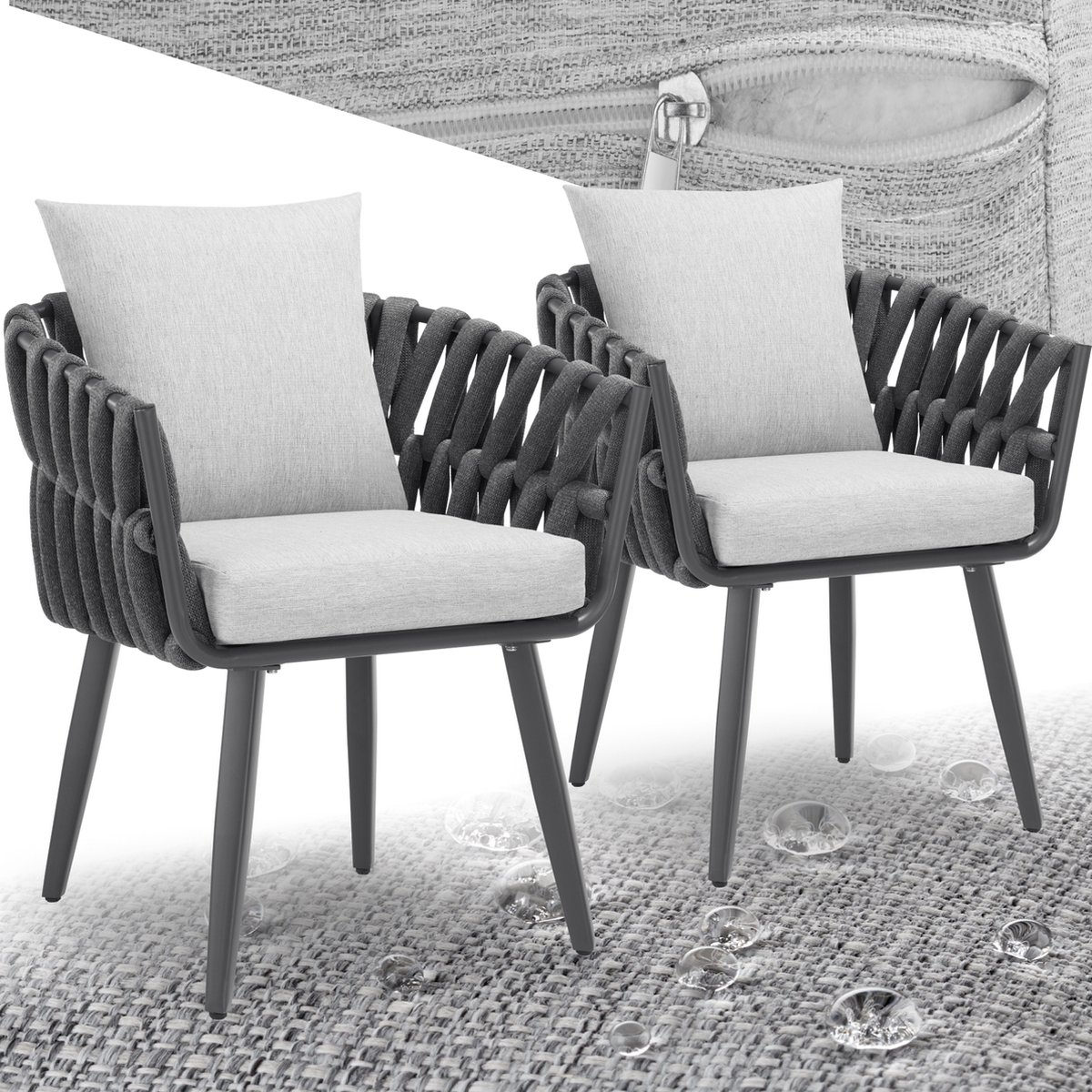tectake® - Set van 2 tuinstoelen - Fauteuil - Tuinstoel met armleuningen - Buiten/binnen - Tuinmeubelen in roestvrij staal aluminium - Incl. kussens - Balkon, terras