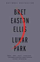 Boekomslag van "Lunar Park" door Bret Easton Ellis. Grijze achtergrond met zwarte tekst en een rode, gebogen lijn.