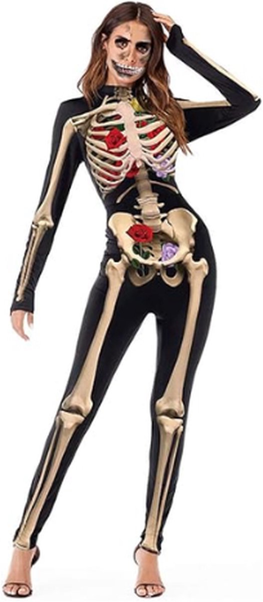 Halloween Kostuum Voor Dames - Enge Skelet Jumpsuit - Slim Fit - Met Rits - Volwassenen
