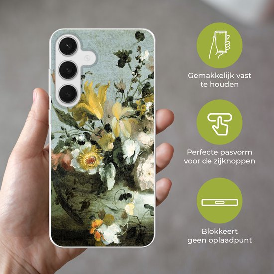 Coque de téléphone avec un tableau de bouquet de fleurs baroque, tenue dans une main.