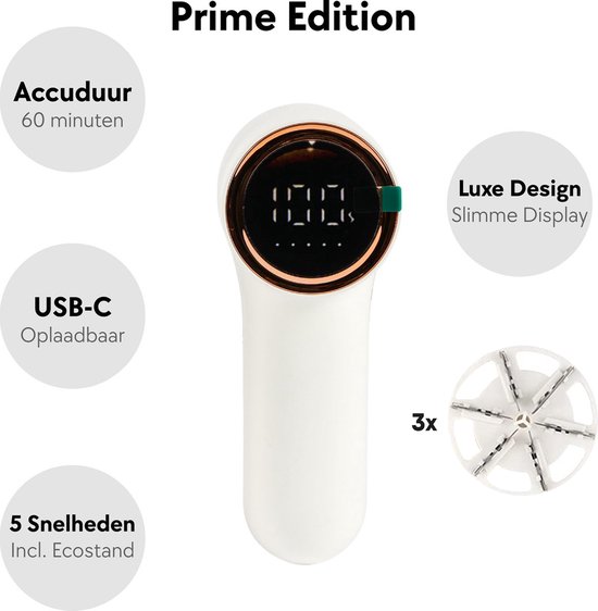 WLC Elektrische Prime Pluizenverwijderaar -Draadloos - Kledingontpluizer - Accuduur 60 minuten - 3 Opzetstukken - Wit